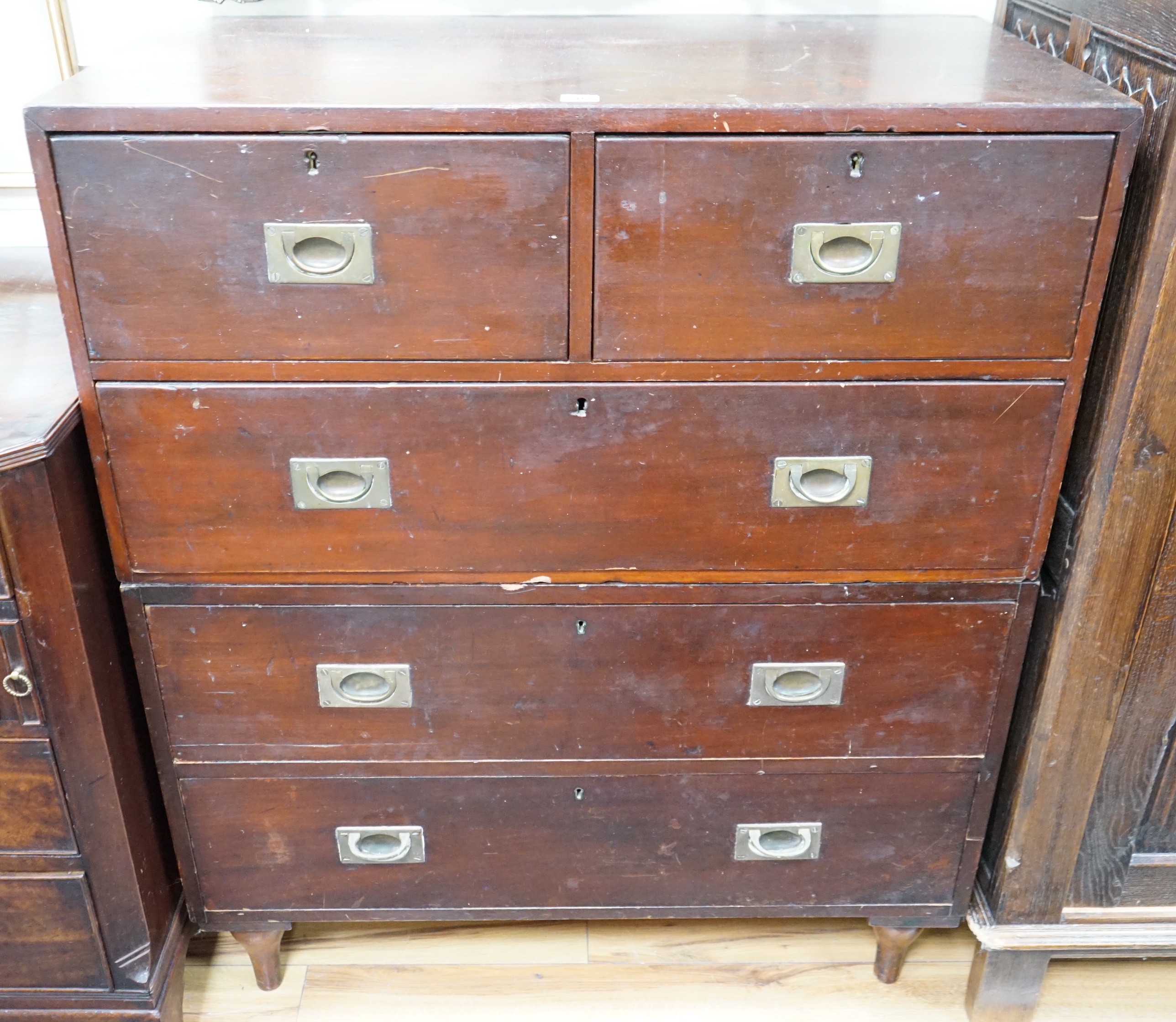 A Victorian and later mahogany two part military chest of two short and four long drawers, width 92cm, depth 47cm, height 111cm